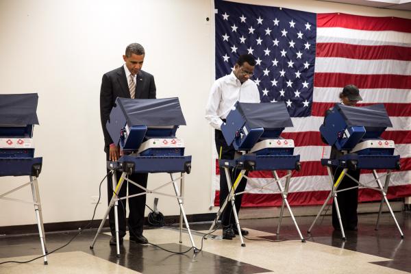 Source: Pete Souza, Wikimedia Commons. Barack Obama votes in the 2012 election.